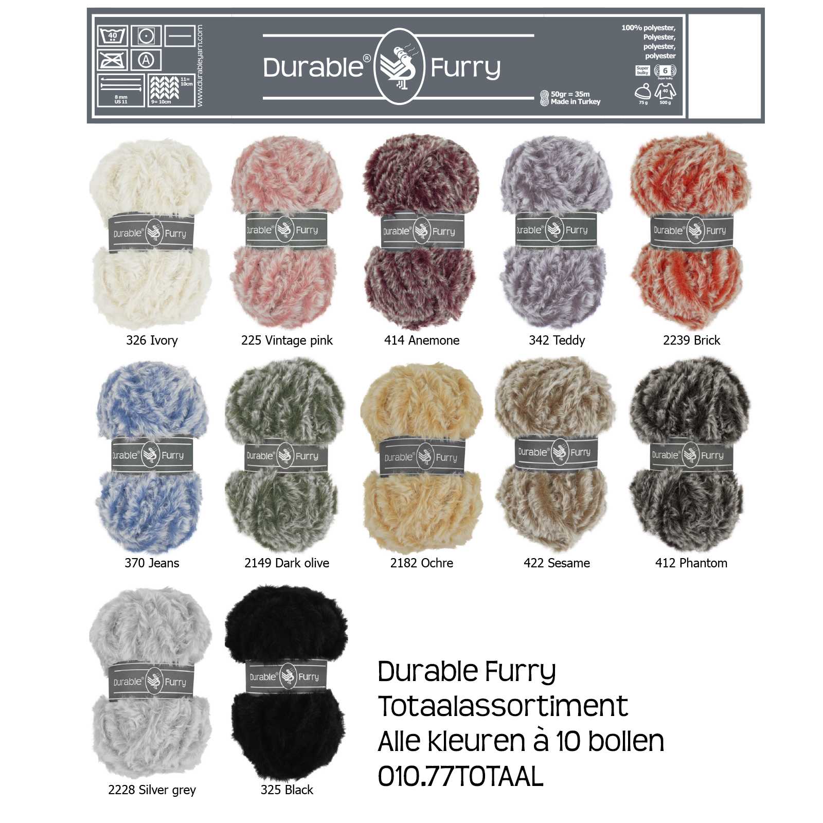 Assortiment Durable 010.77 Furry; 12 kleuren à 10 bollen - Assortiment
