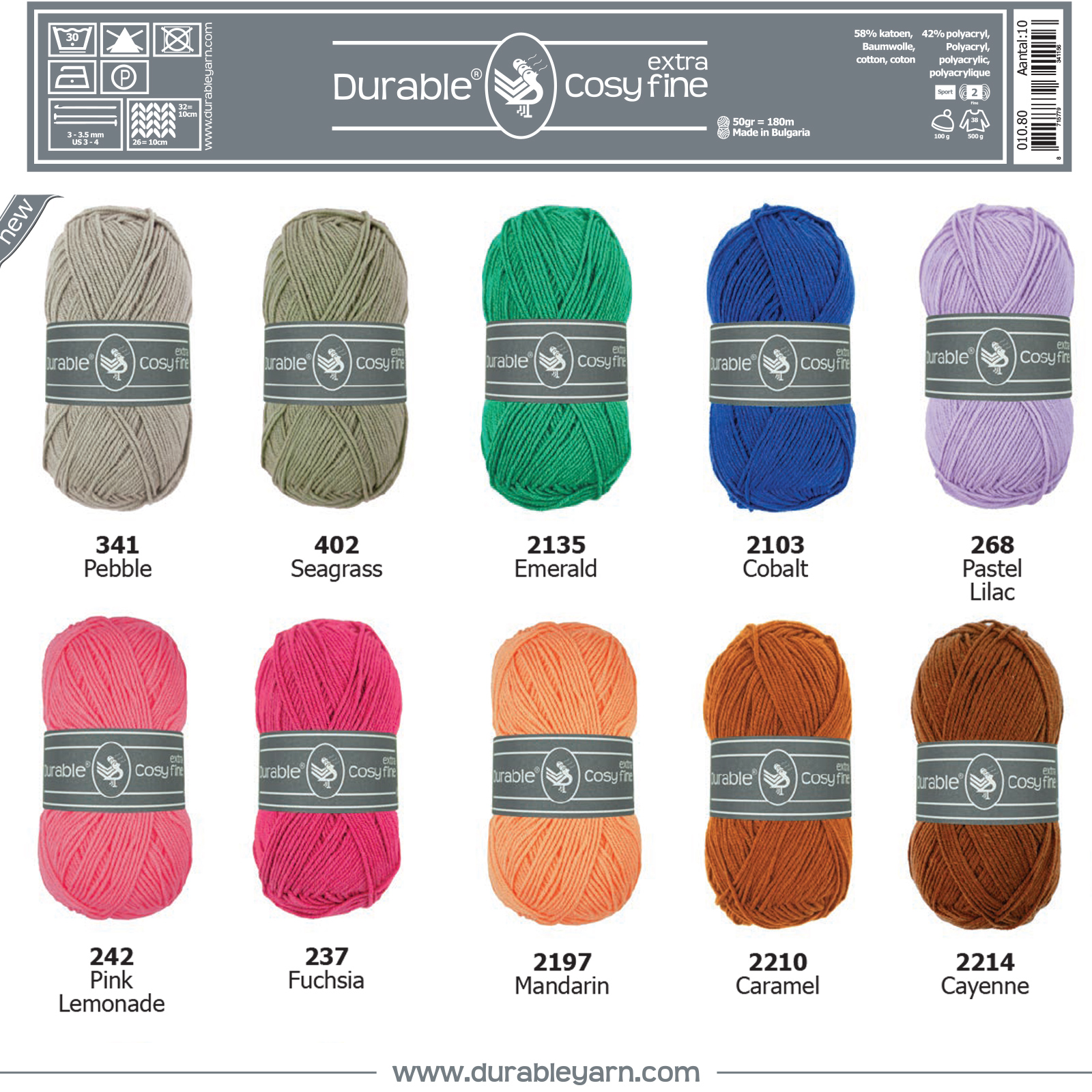 Assortiment Durable Cosy Extra fine in de 11 nieuwe kleuren van 2025 - 10 bollen per kleur - Assortiment