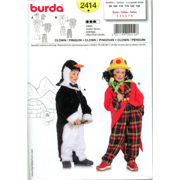 Burda patroon 2414 Clown pingouin. Maat: 98-128 - STUK