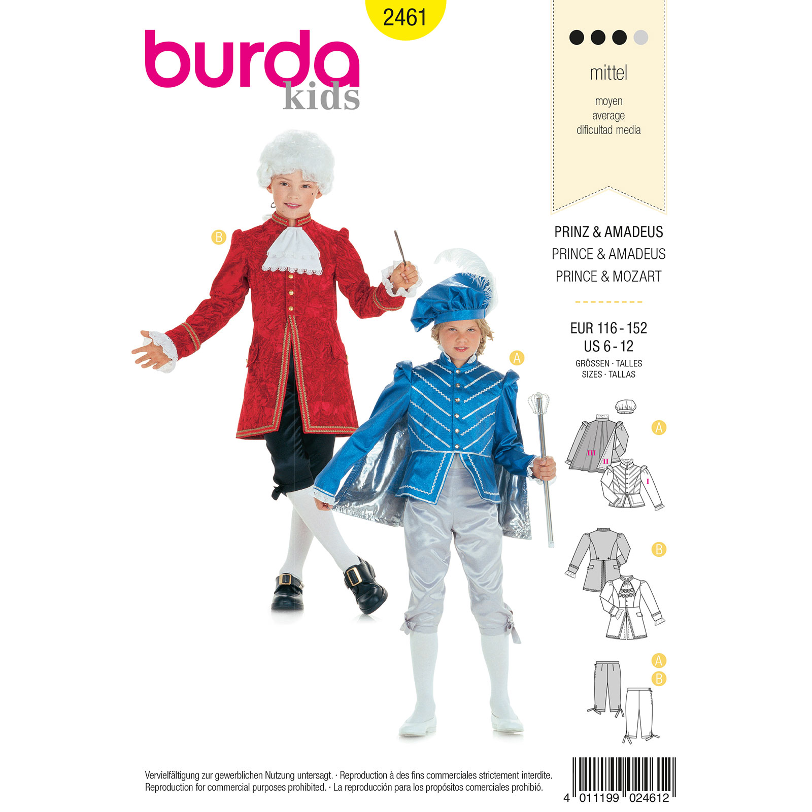 Burda patroon 2461 Prins Amadeus Mozart. Maat: 116-152 - STUK