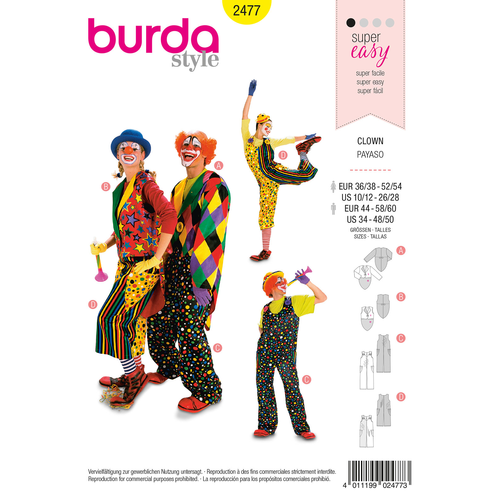 Burda patroon 2477 clown. Maat: 36 - 56/44 - 60 - STUK