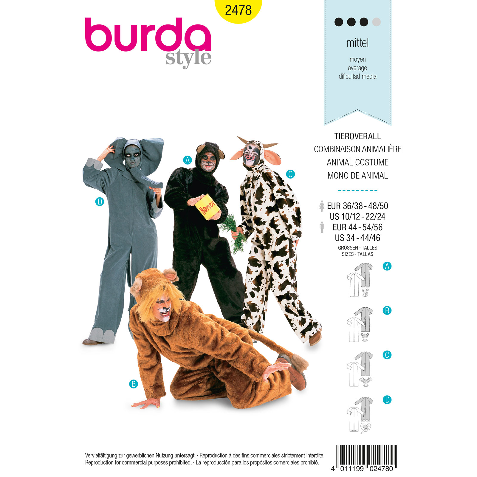 Burda patroon 2478 Dierenpak beer leeuw koe olifant. Maat: 36 - 56 - STUK