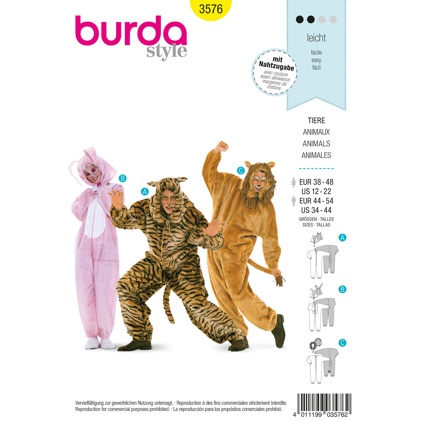 Burda patroon 3576 dieren overall. Maat: D38-48 / 44-54 - STUK