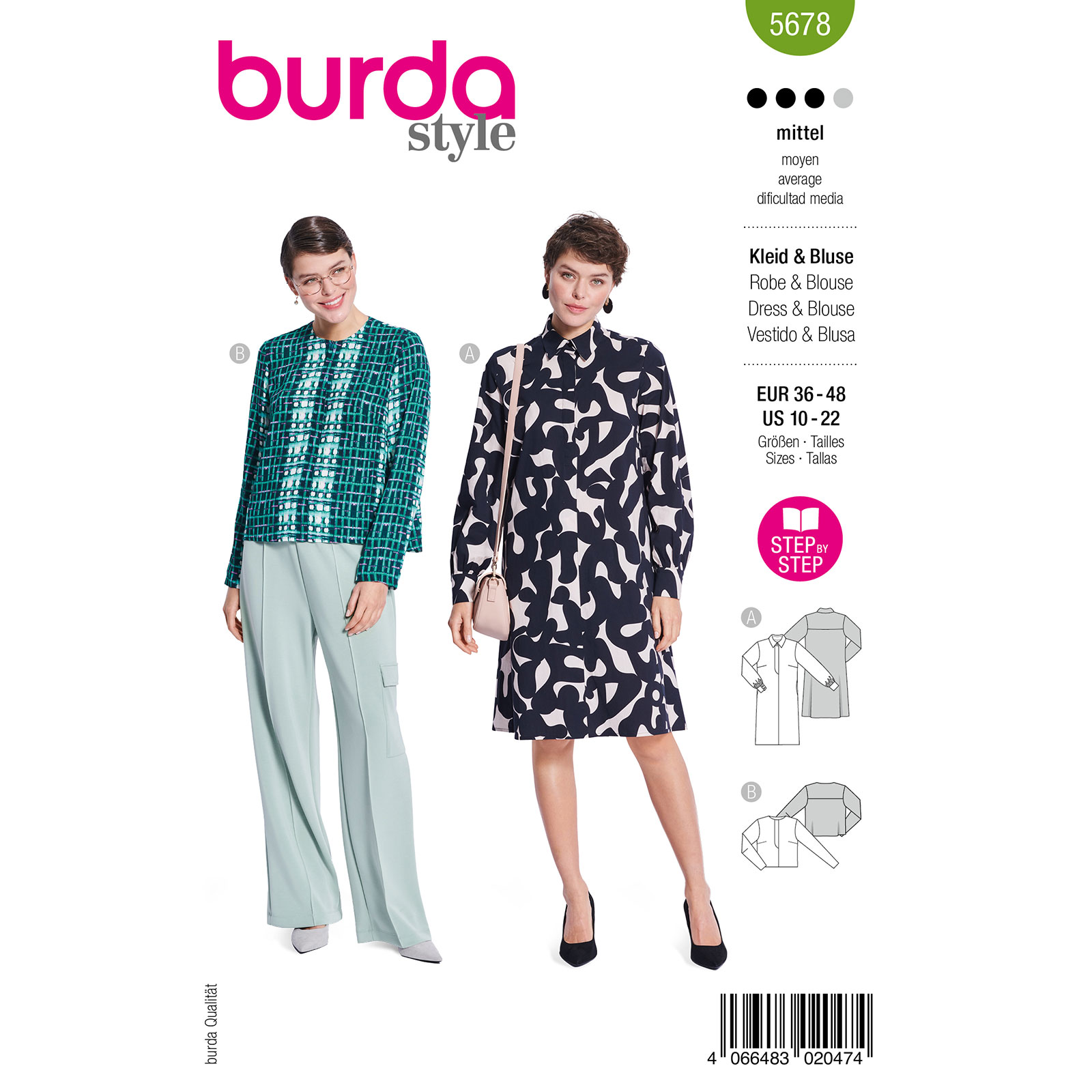 Burda naaipatroon 5678 groen - jurk / blouse maat 36-48 - STUK