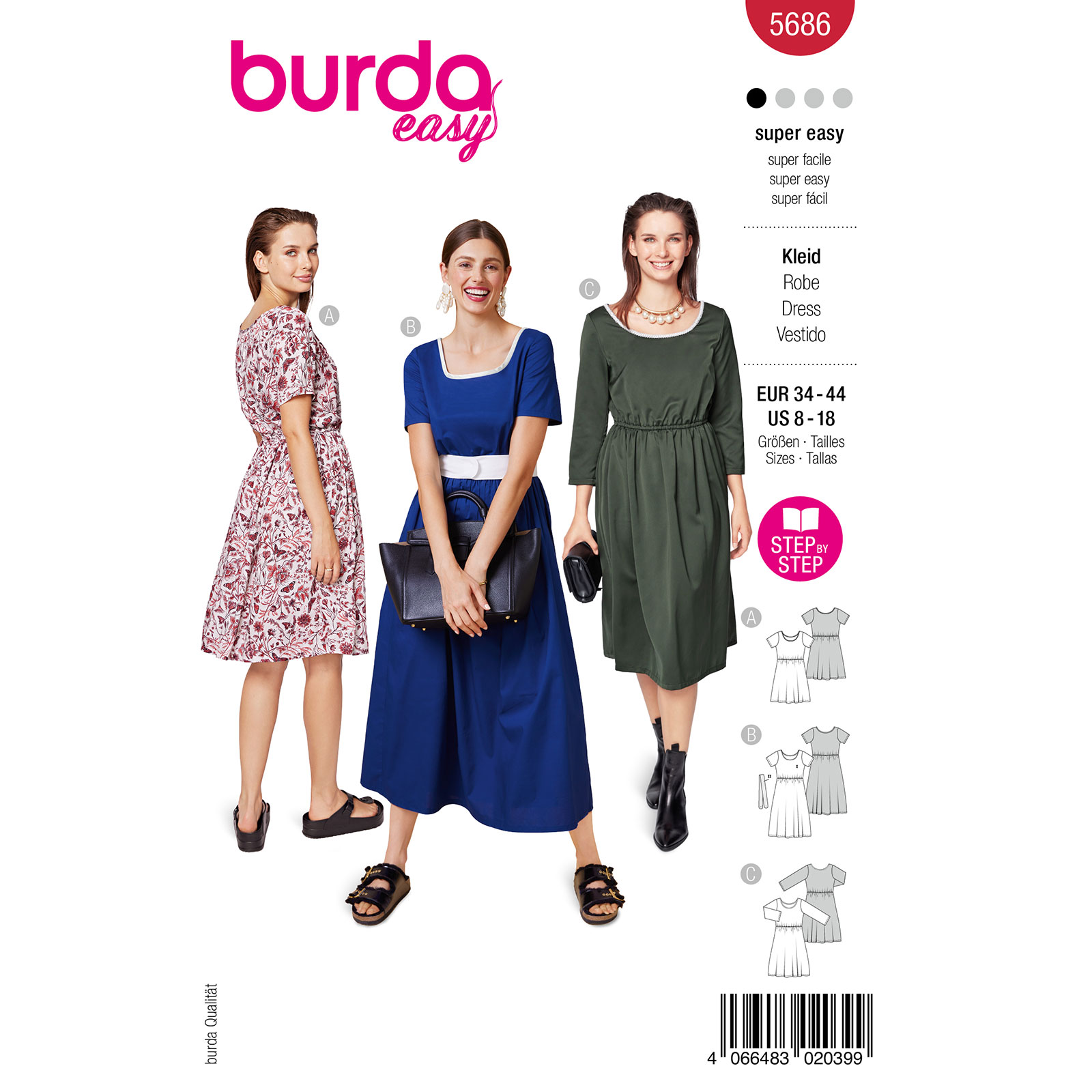 Burda naaipatroon 5686 rood - Jurken maat 34-44 - STUK