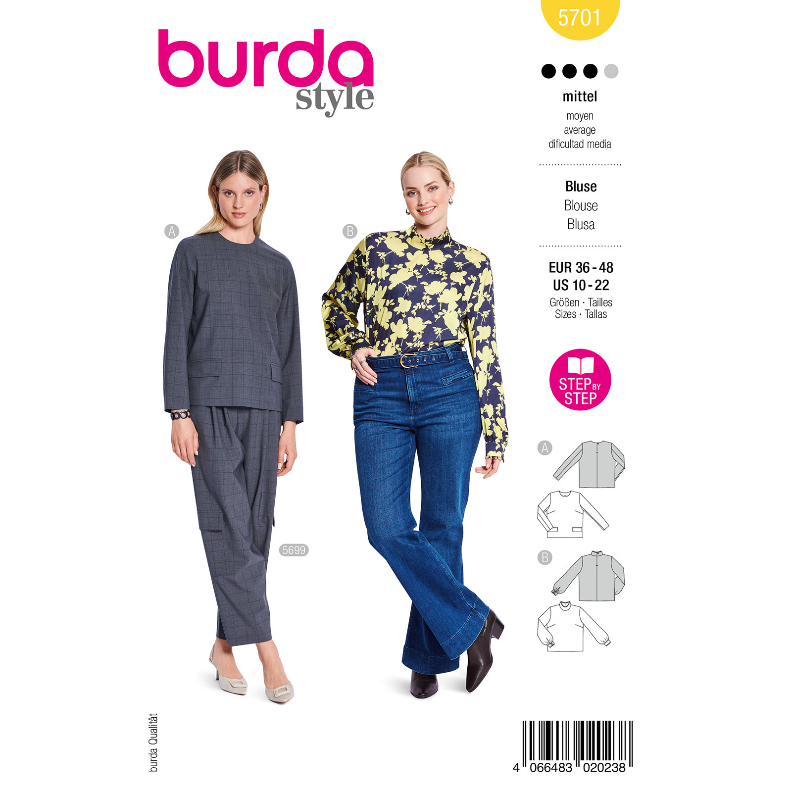 Burda naaipatroon 5701 geel - blouse maat 36-48 - STUK