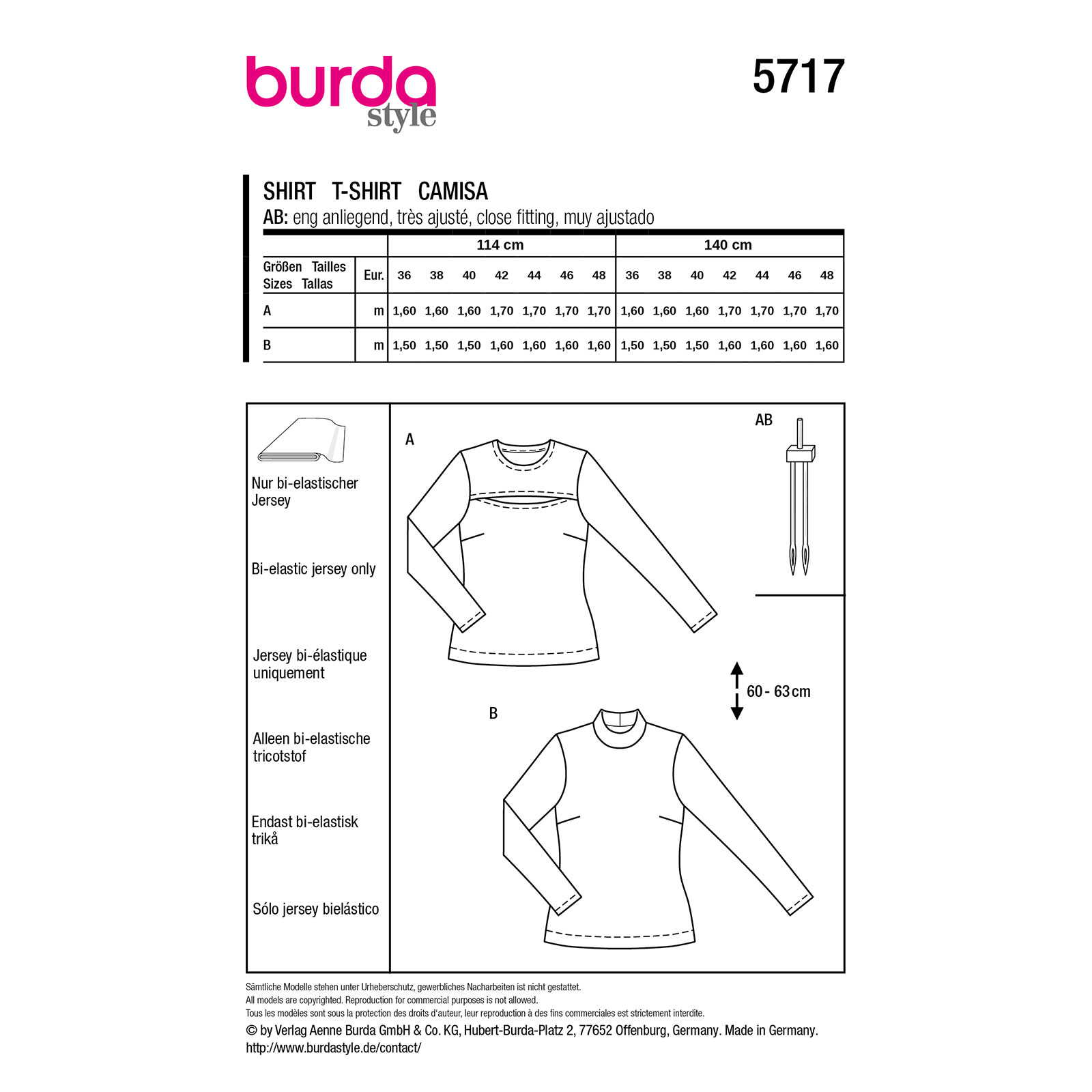 Burda naaipatroon 5717 rood - Shirts met lange mouwen maat 36-48 - STUK