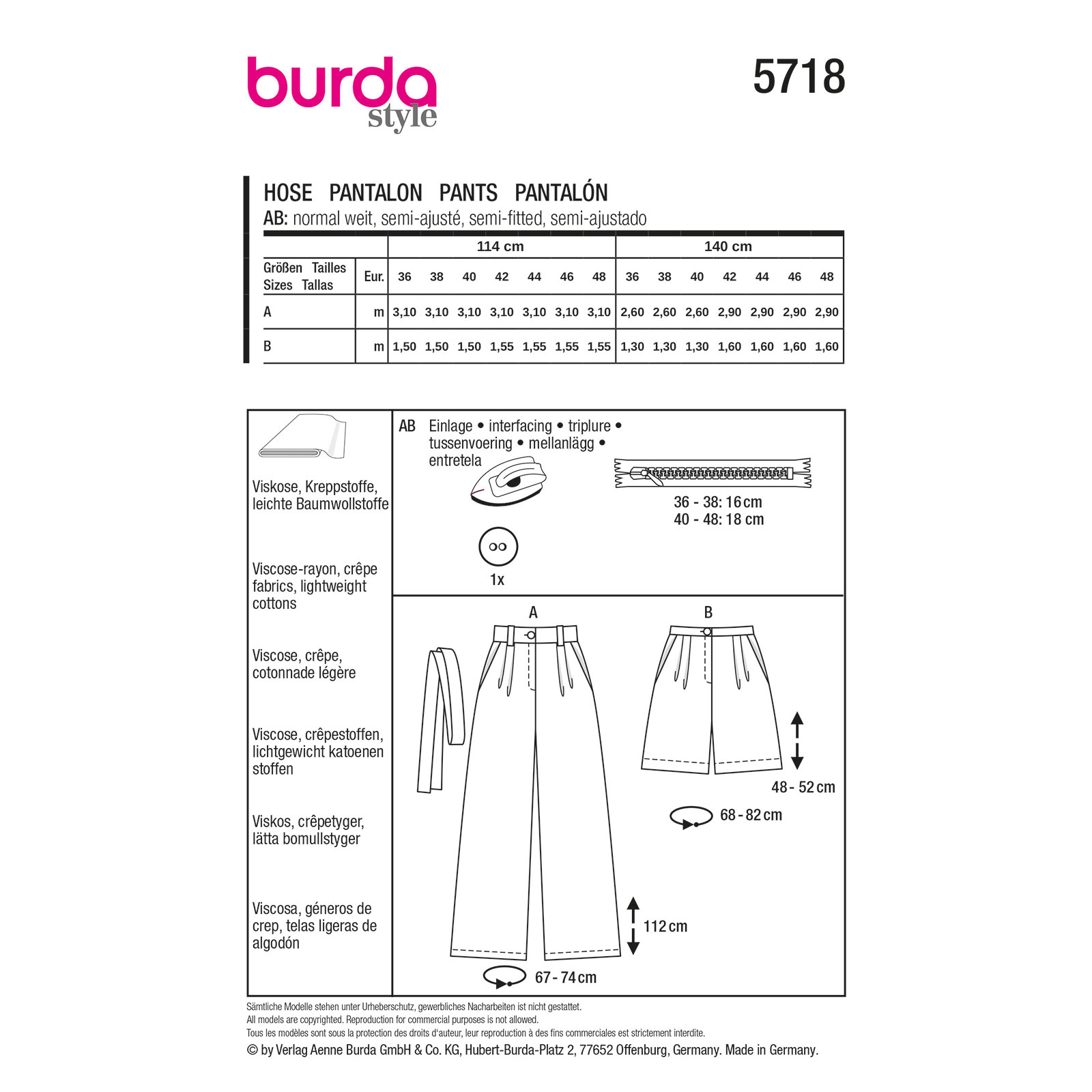 Burda naaipatroon 5718 geel - Broek maat 36-48 - STUK