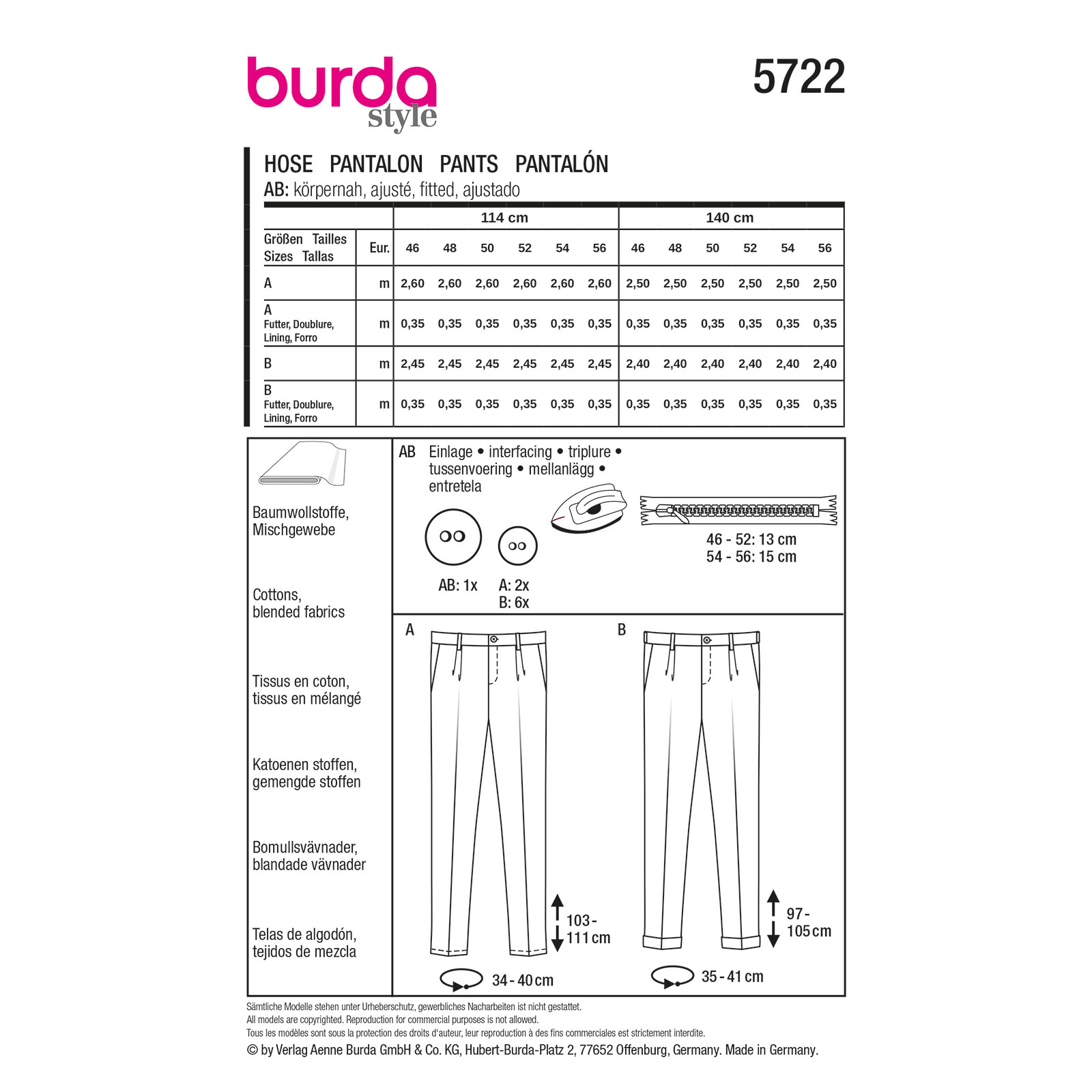 Burda naaipatroon 5722 groen - Broek maat 46-56 - STUK