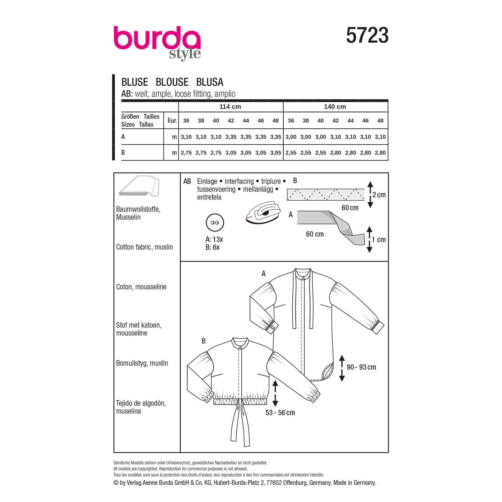 Burda naaipatroon 5723 geel - Blouse maat 36-48 - STUK