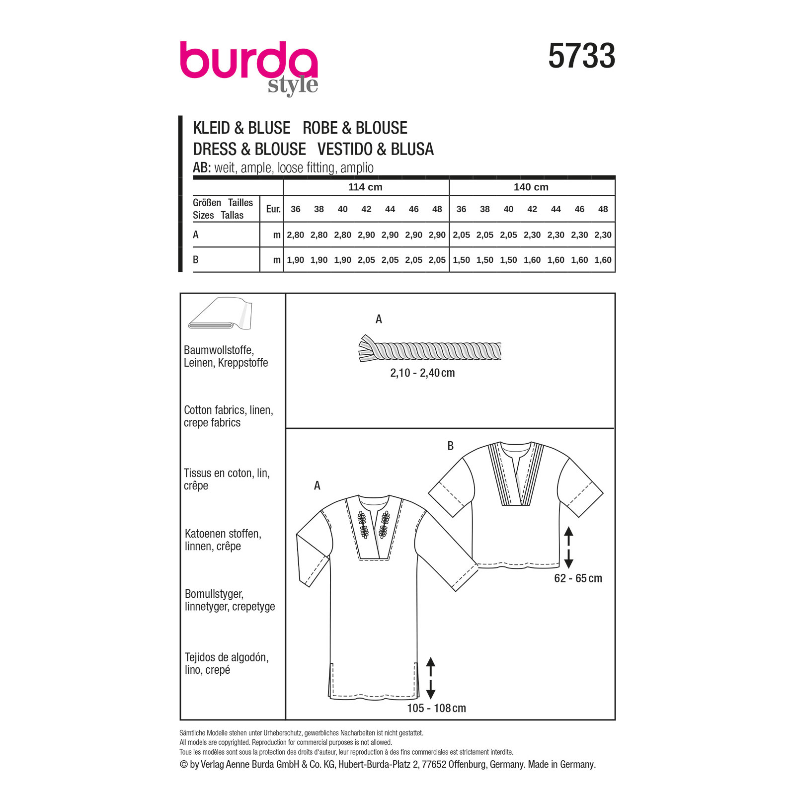 Burda naaipatroon 5733 groen - Jurk & Blouse maat 36-48 - STUK