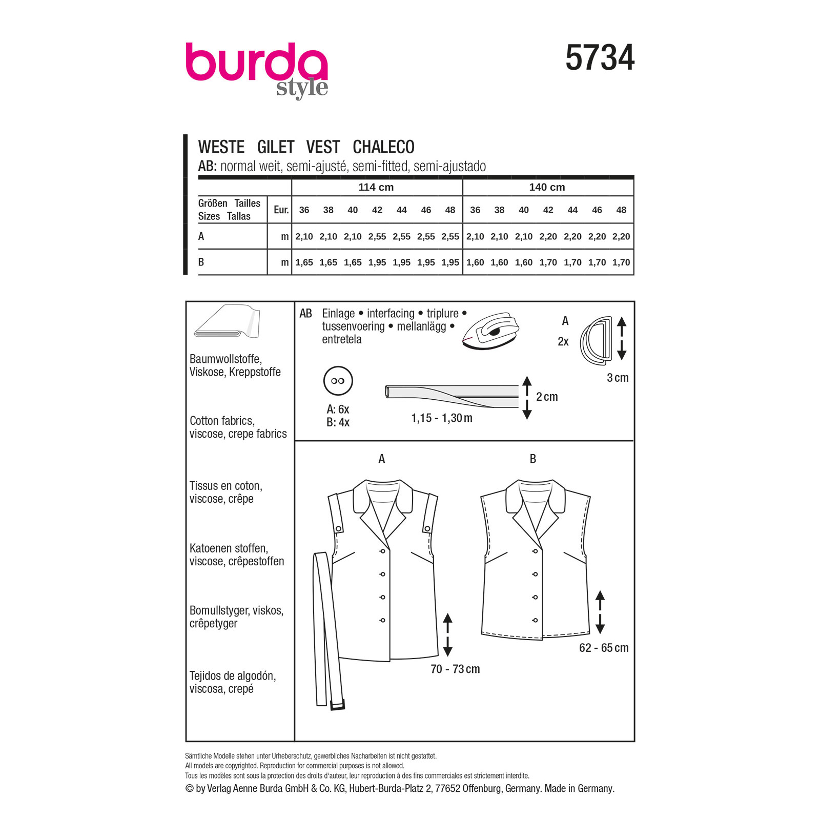 Burda naaipatroon 5734 groen - Vest maat 36-48 - STUK