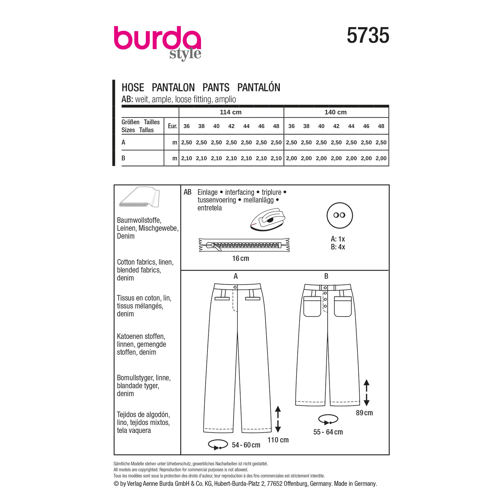 Burda naaipatroon 5735 geel - Broek maat 36-48 - STUK