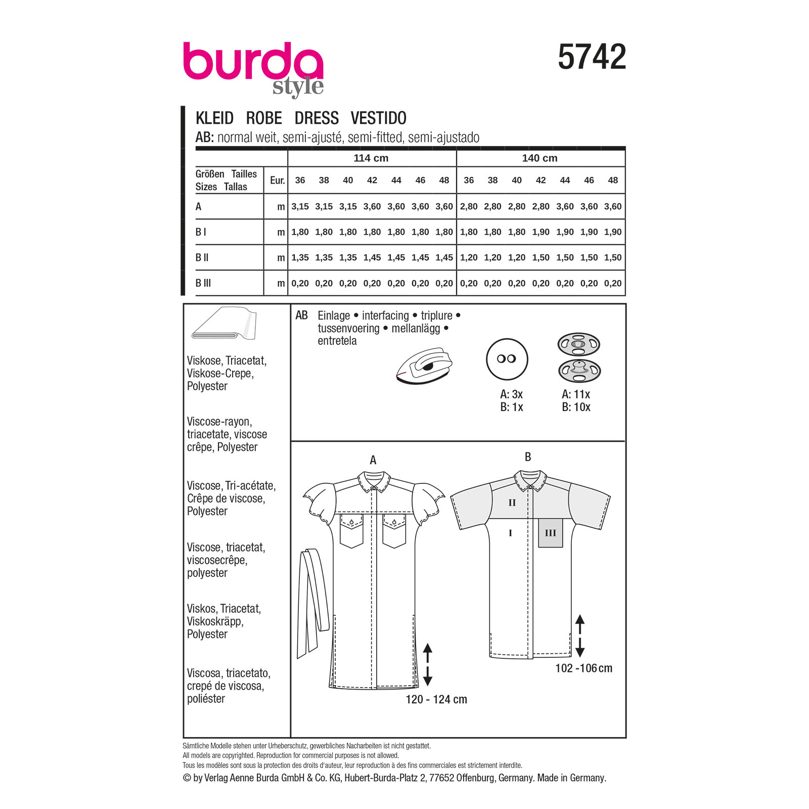 Burda naaipatroon 5742 groen - Jurk maat 36-48 - STUK
