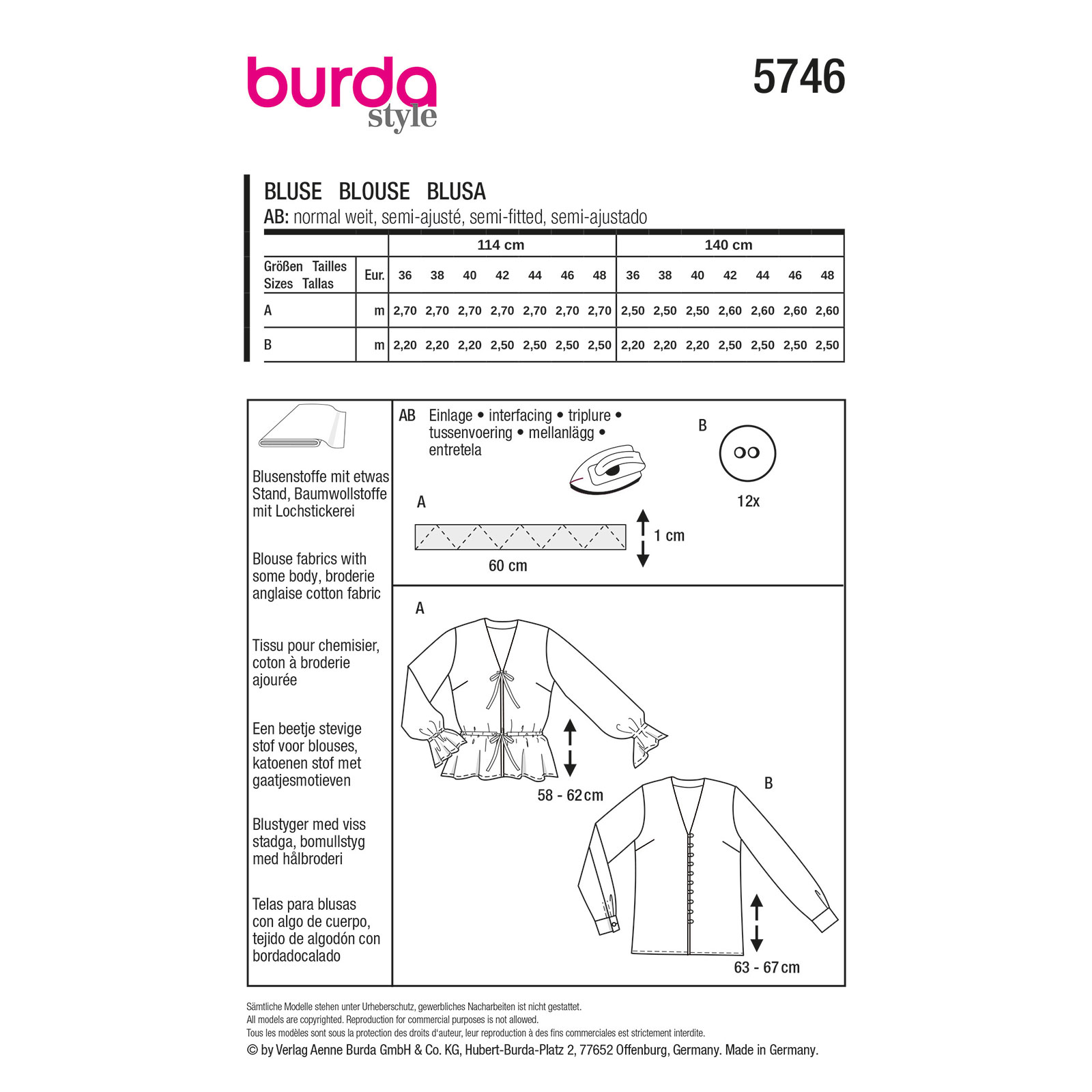 Burda naaipatroon 5746 geel - Blouse maat 36-48 - STUK