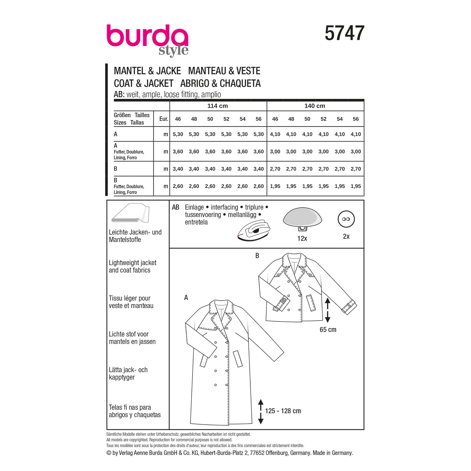 Burda naaipatroon 5747 geel - Jas & Mantel maat 46-56 - STUK