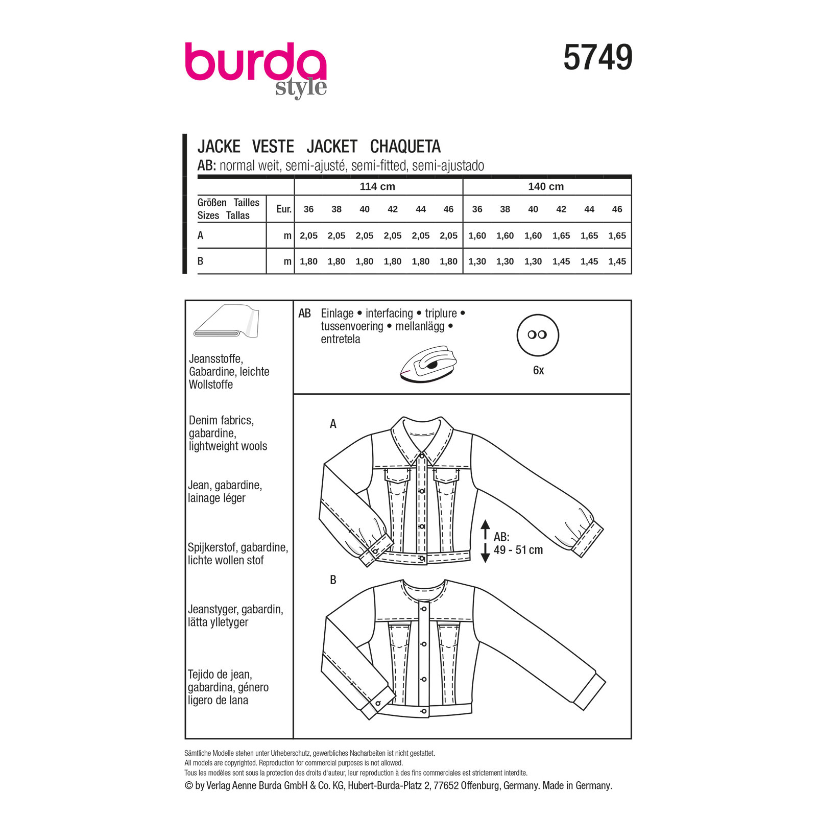 Burda naaipatroon 5749 geel - Jas maat 36-46 - STUK