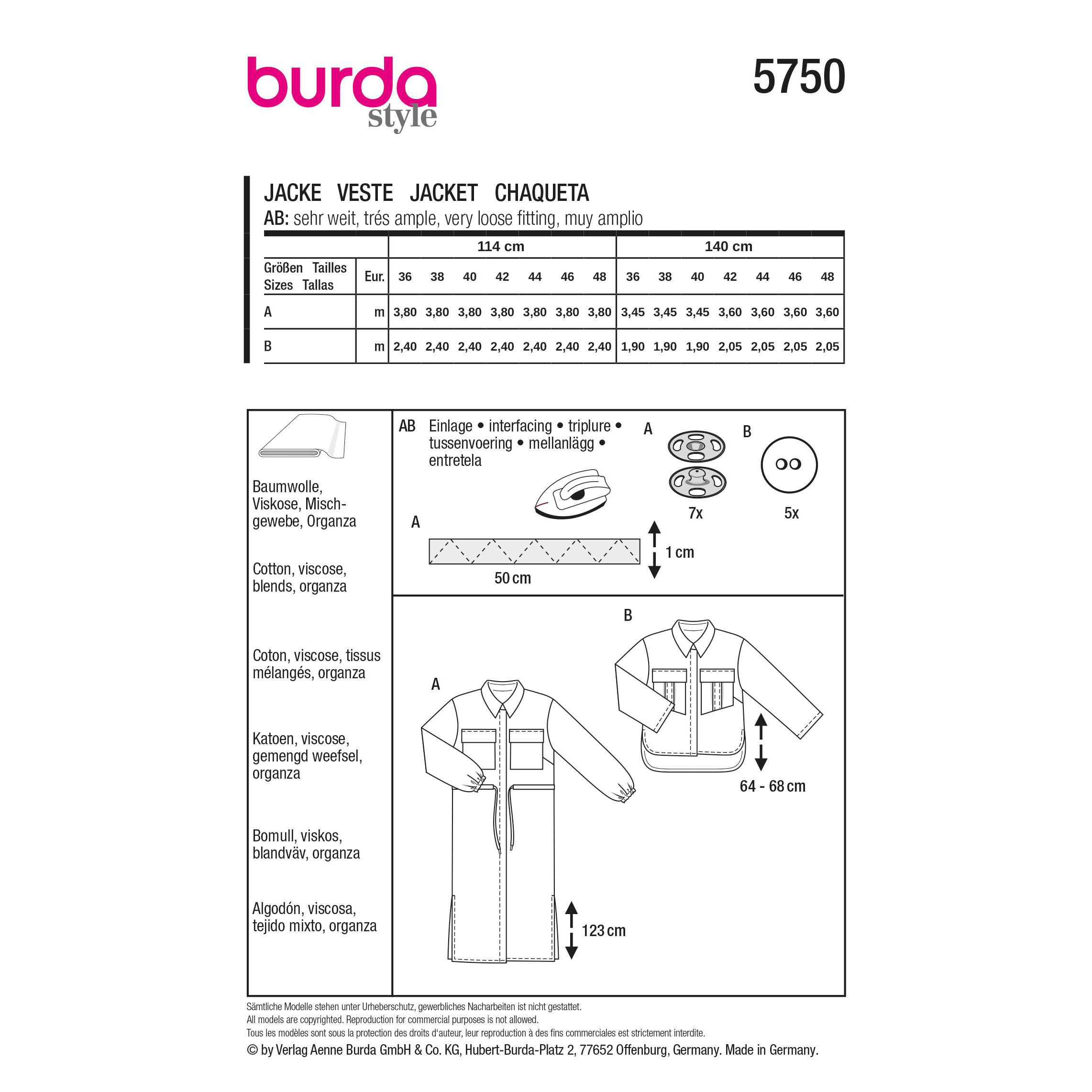 Burda naaipatroon 5750 geel - Jas maat 36-48 - STUK