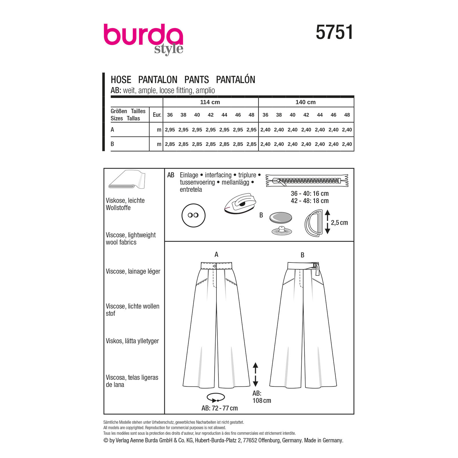 Burda naaipatroon 5751 groen - Broek maat 36-48 - STUK