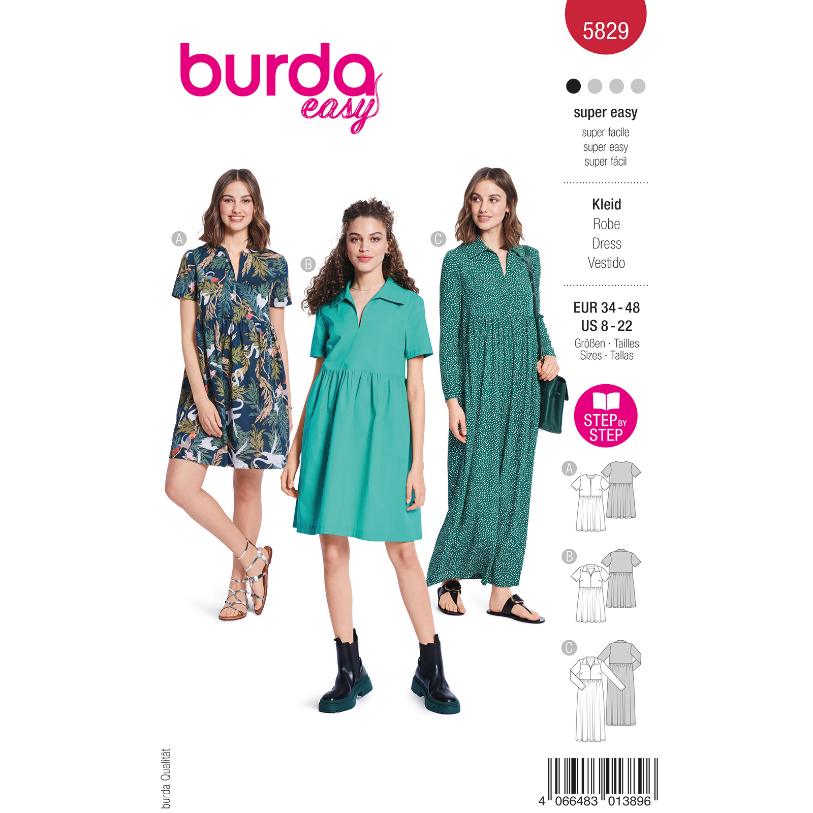 Burda naaipatroon 5829 rood - Jurk maat 34-48 - STUK
