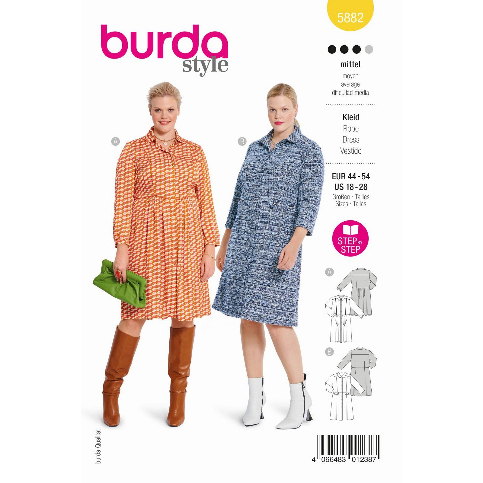 Burda naaipatroon 5882 geel - Jurk - maat 44-54 - STUK