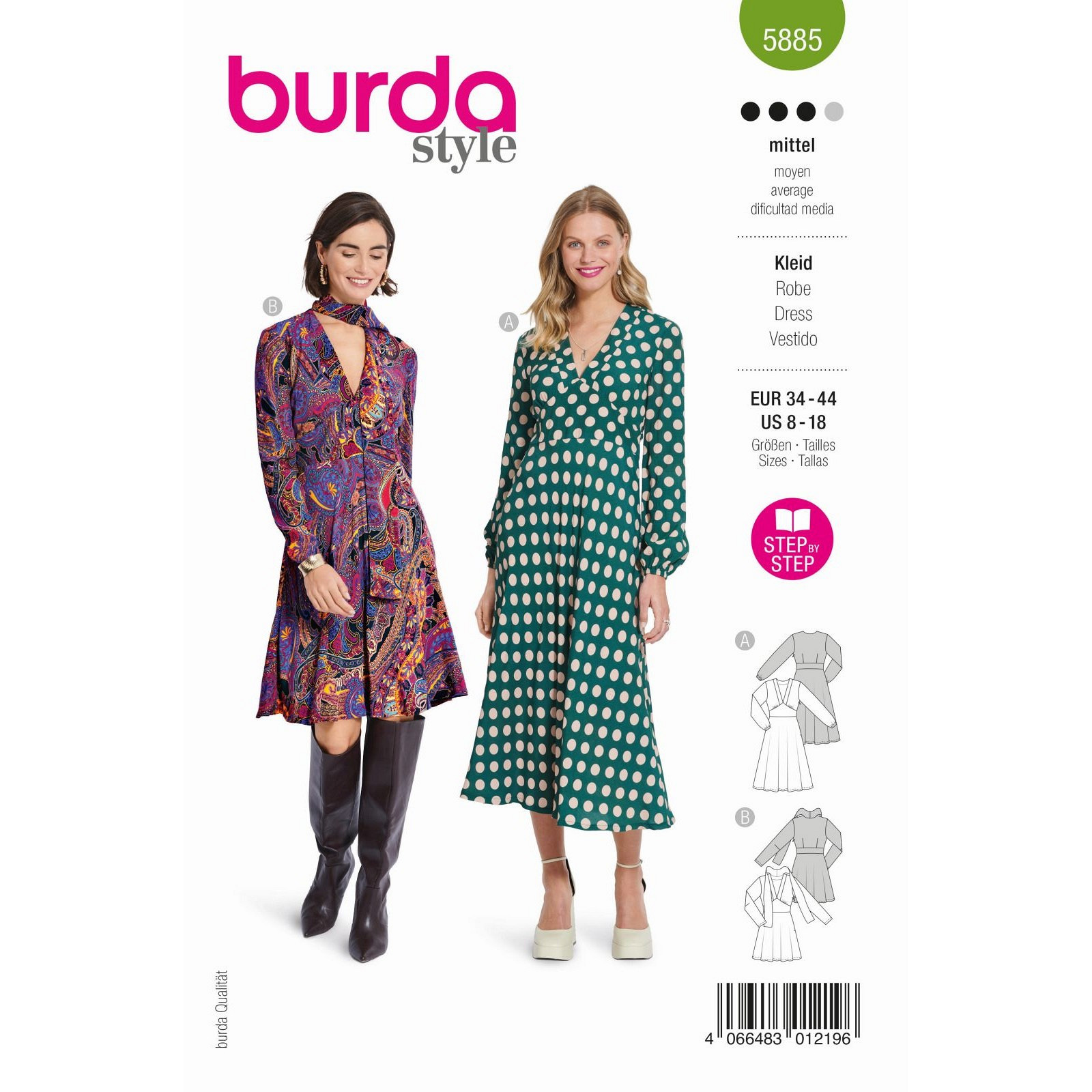 Burda naaipatroon 5885 groen - Jurk maat 34-44 - STUK