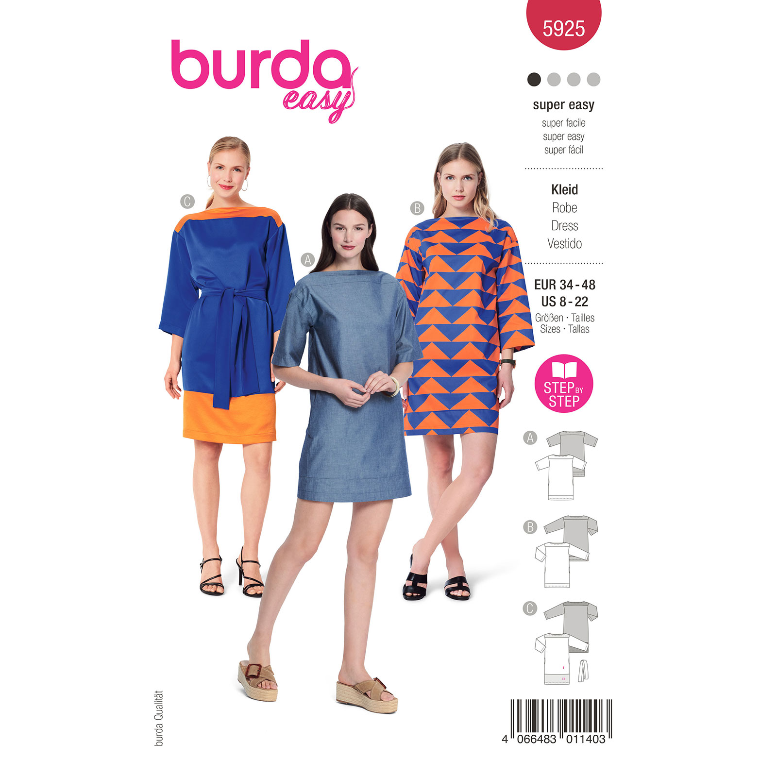 Burda naaipatroon 5925 rood - Jurk maat 34-48 - STUK