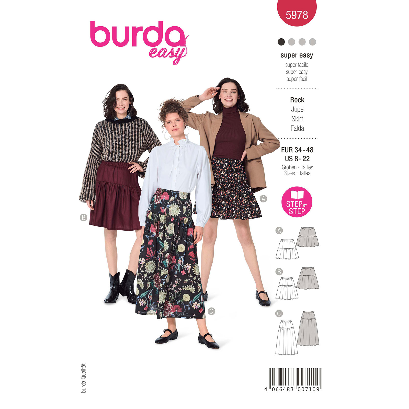 Burda naaipatroon 5978 rood - Gelaagde rok met elastische taille maat 34-48 - STUK