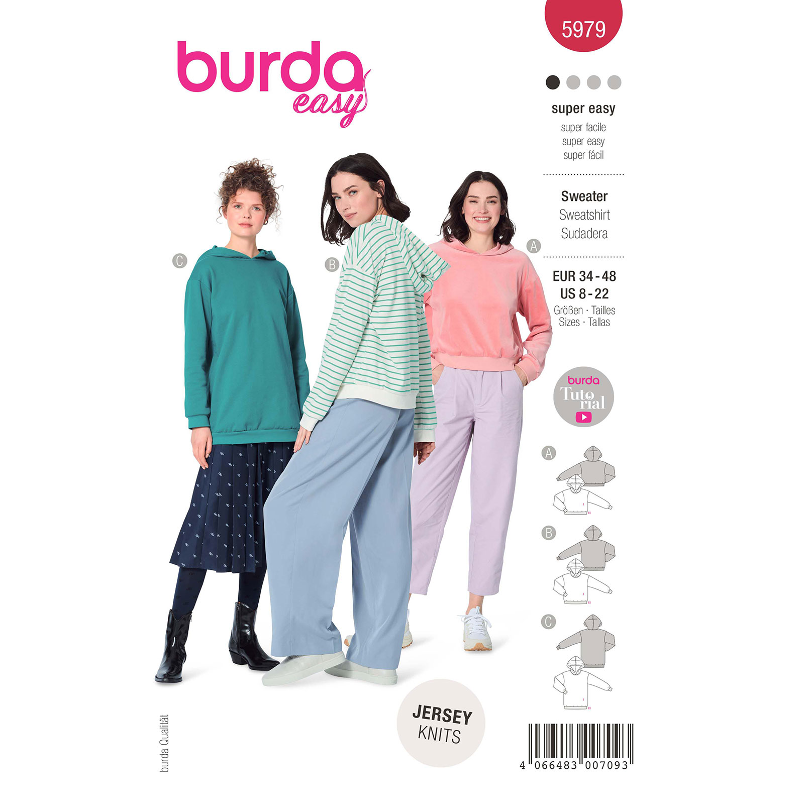 Burda naaipatroon 5979 rood - Sweatshirt met capuchon in drie lengtes maat 34-48 - STUK
