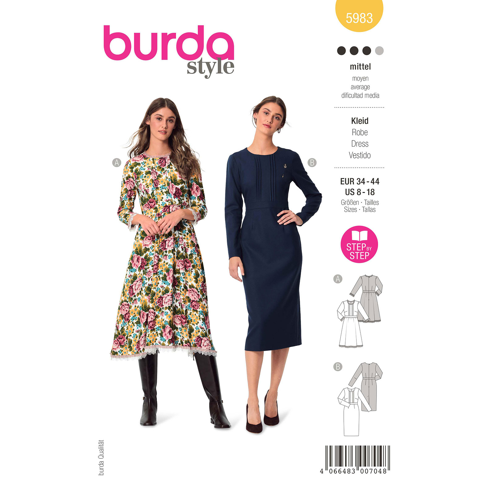 Burda naaipatroon 5983 geel - Jurk met tailleband en een brede en small rok maat 34-44 - STUK