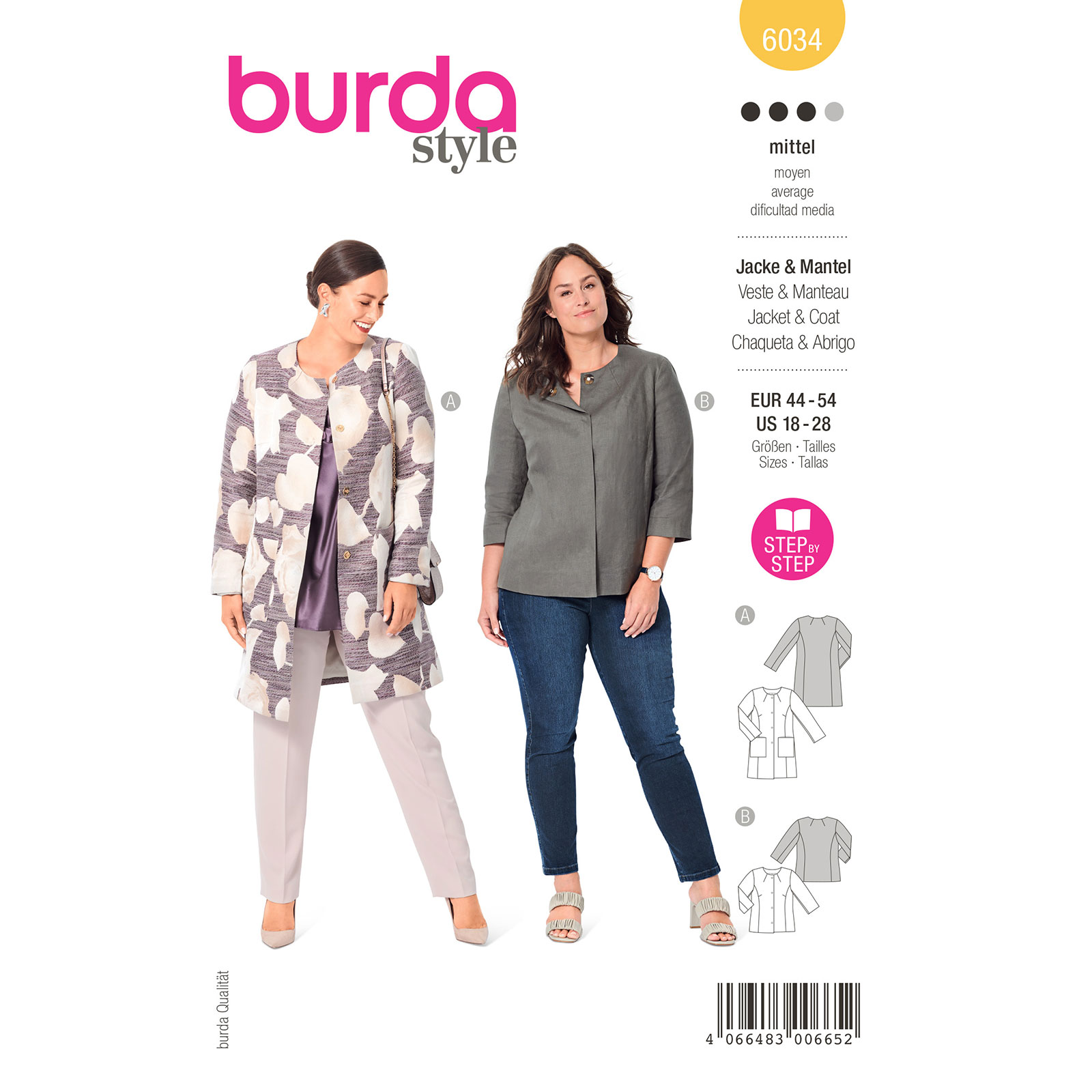 Burda naaipatroon 6034 geel - Jas maat 44-54 - STUK