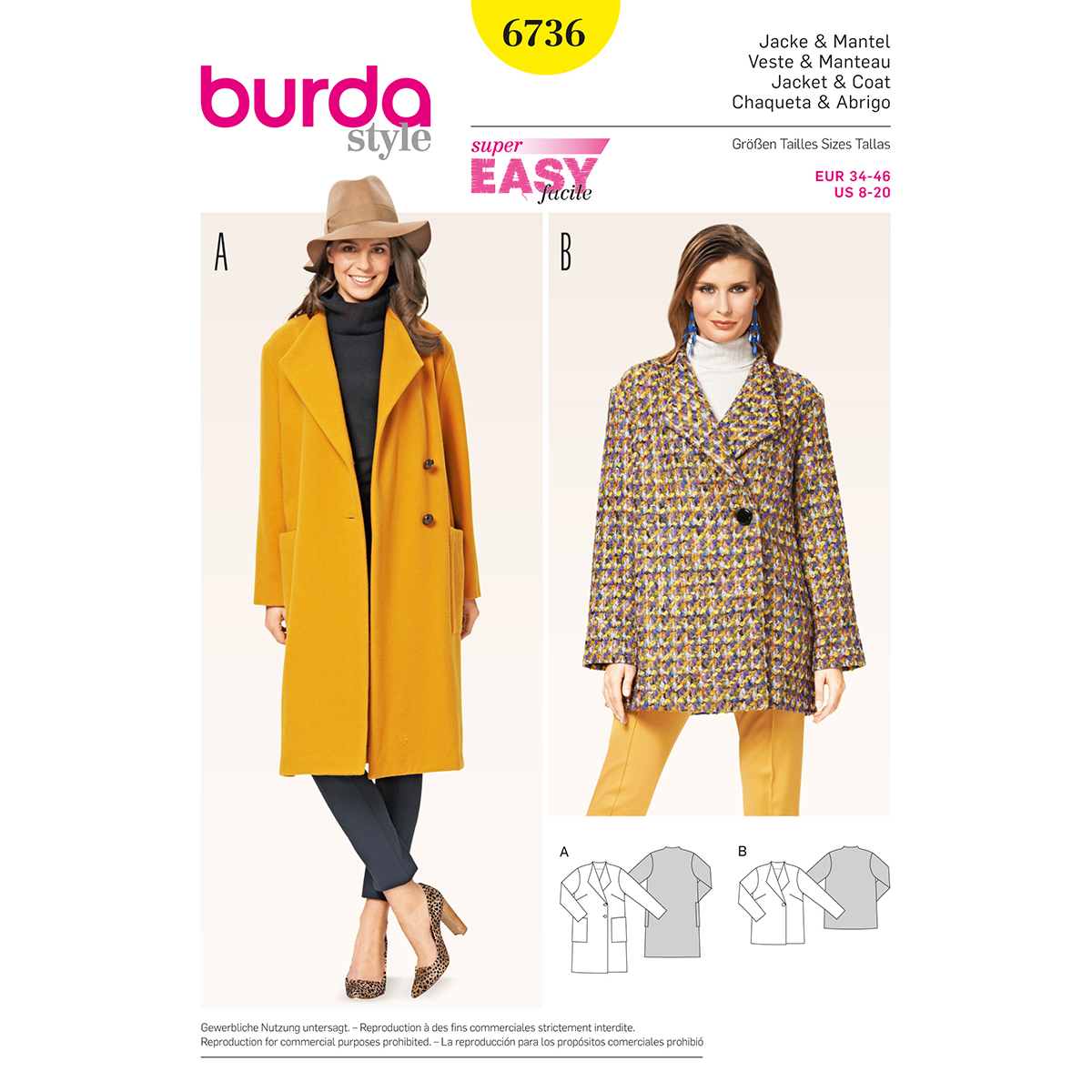 Burda patroon 6736 jas laag. Maat: 34-46 - STUK