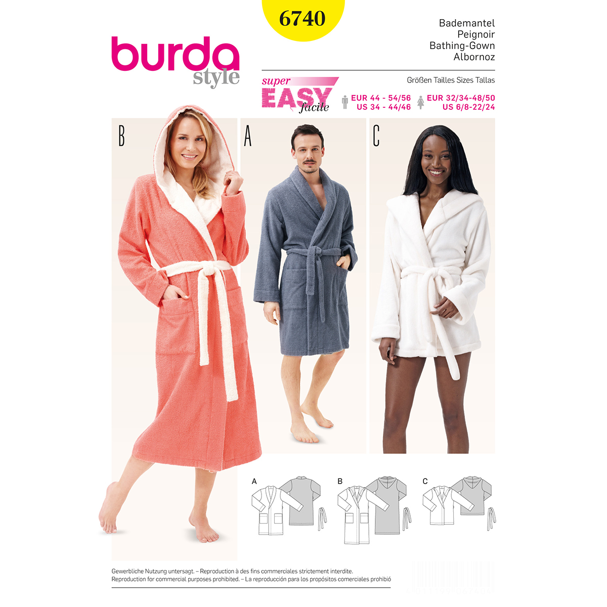 Burda patroon 6740 Badjas. Maat: XS - XXL - STUK