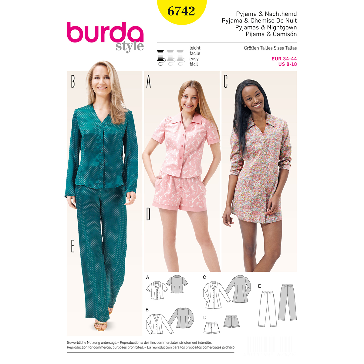 Burda patroon 6742 pyjama & nachthemd. Maat: 34-44 - STUK