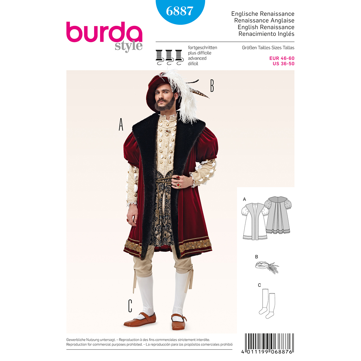 Burda patroon 6887 Renaissance herenkostuum . Maat: 46-60 - STUK