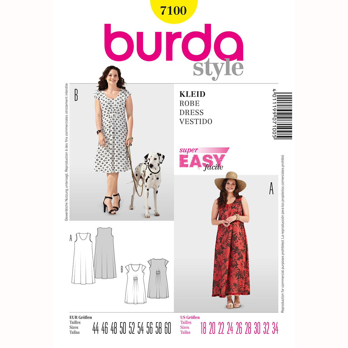 Burda patroon 7100 jurk. Maat: 44-60 - STUK