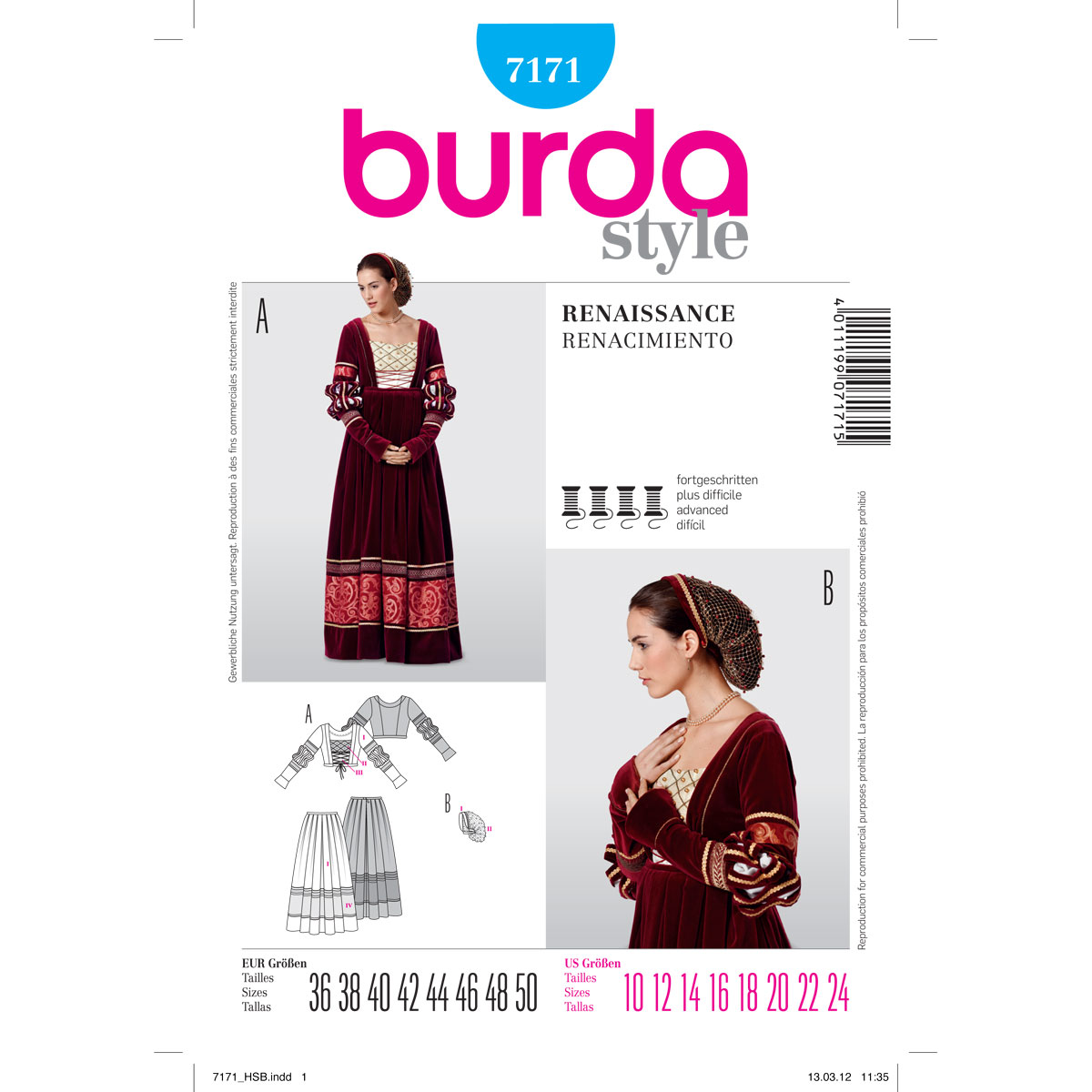 Burda patroon 7171 Renaissance dameskostuum. Maat: 36-50 - STUK