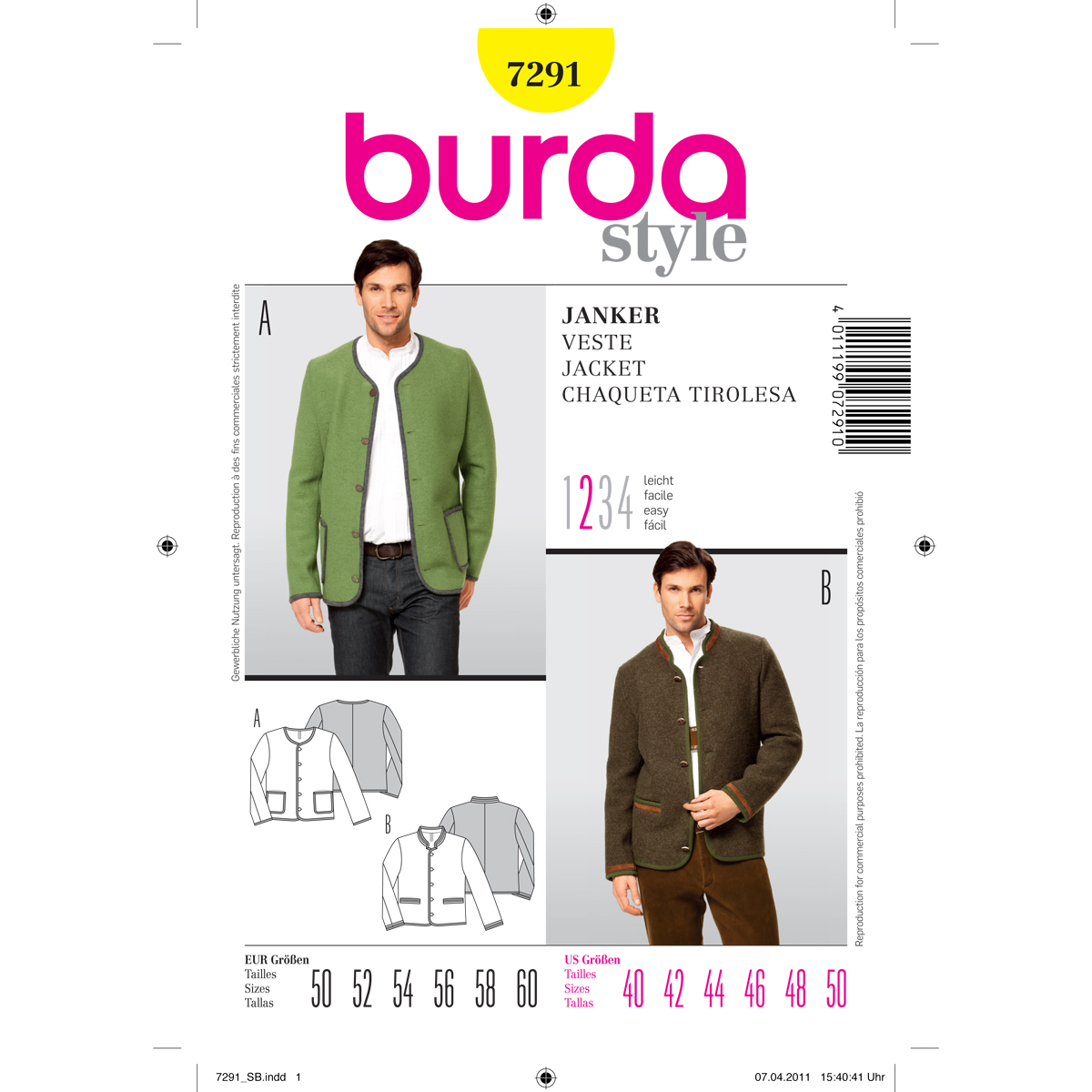 Burda patroon 7291 Tiroler jasje. Maat: 50-60 - STUK