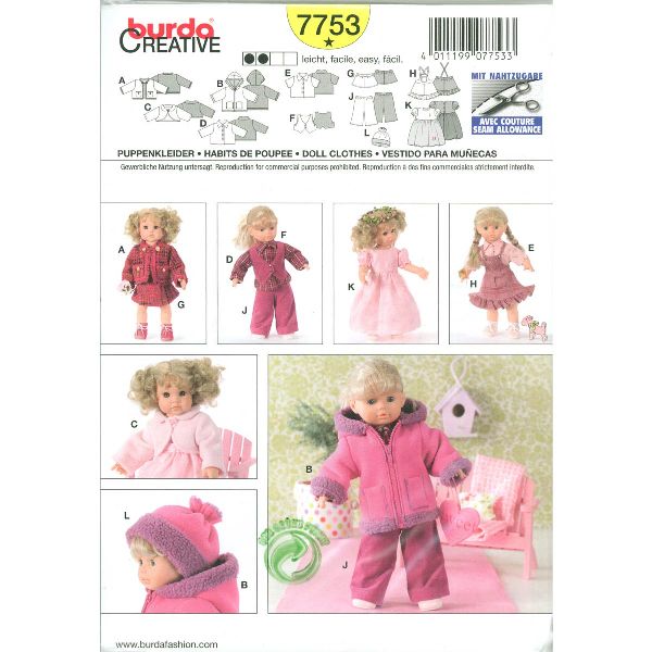 Burda patroon 7753 poppenkleren. Maat: M + L - STUK