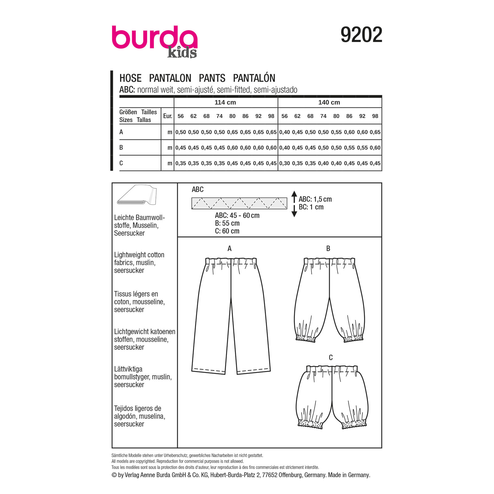 Burda naaipatroon 9202 rood - Broek maat 56-98 - STUK