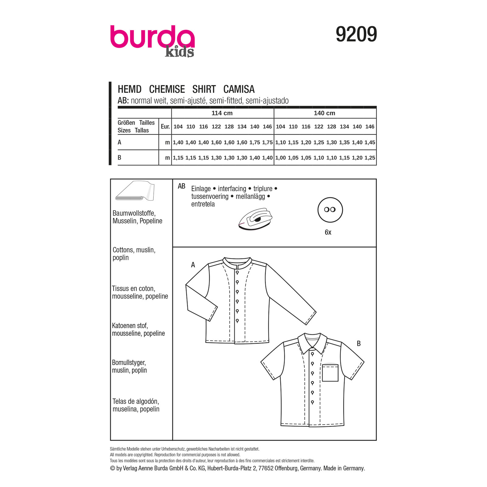 Burda naaipatroon 9209 groen - Shirt maat 104-146 - STUK