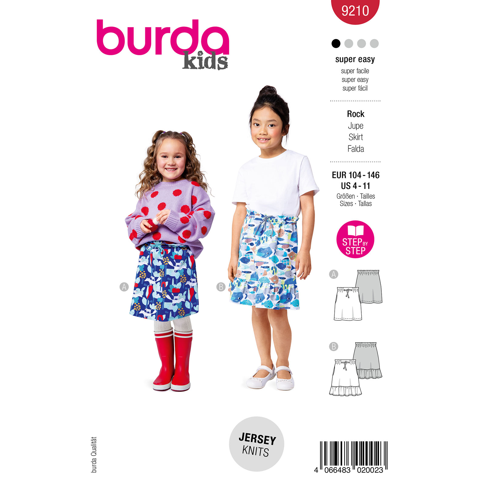 Burda naaipatroon 9210 rood - minirokken maat 104-146 - STUK