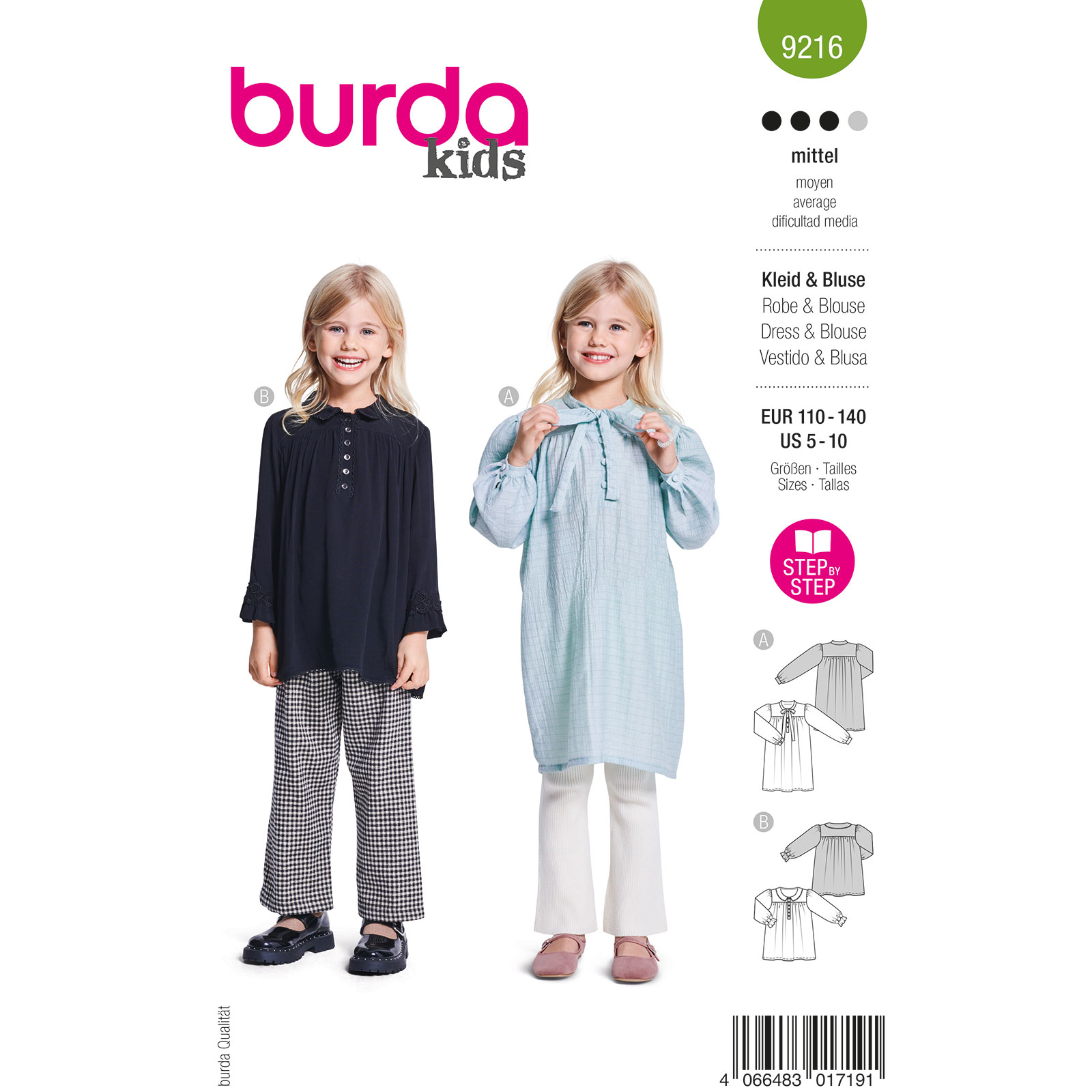 Burda naaipatroon 9216 groen - Jurk/Blouse maat 110-140 - STUK