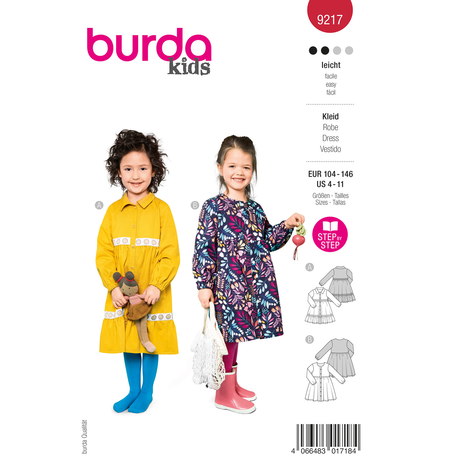Burda naaipatroon 9217 rood - Jurk maat 104-146 - STUK