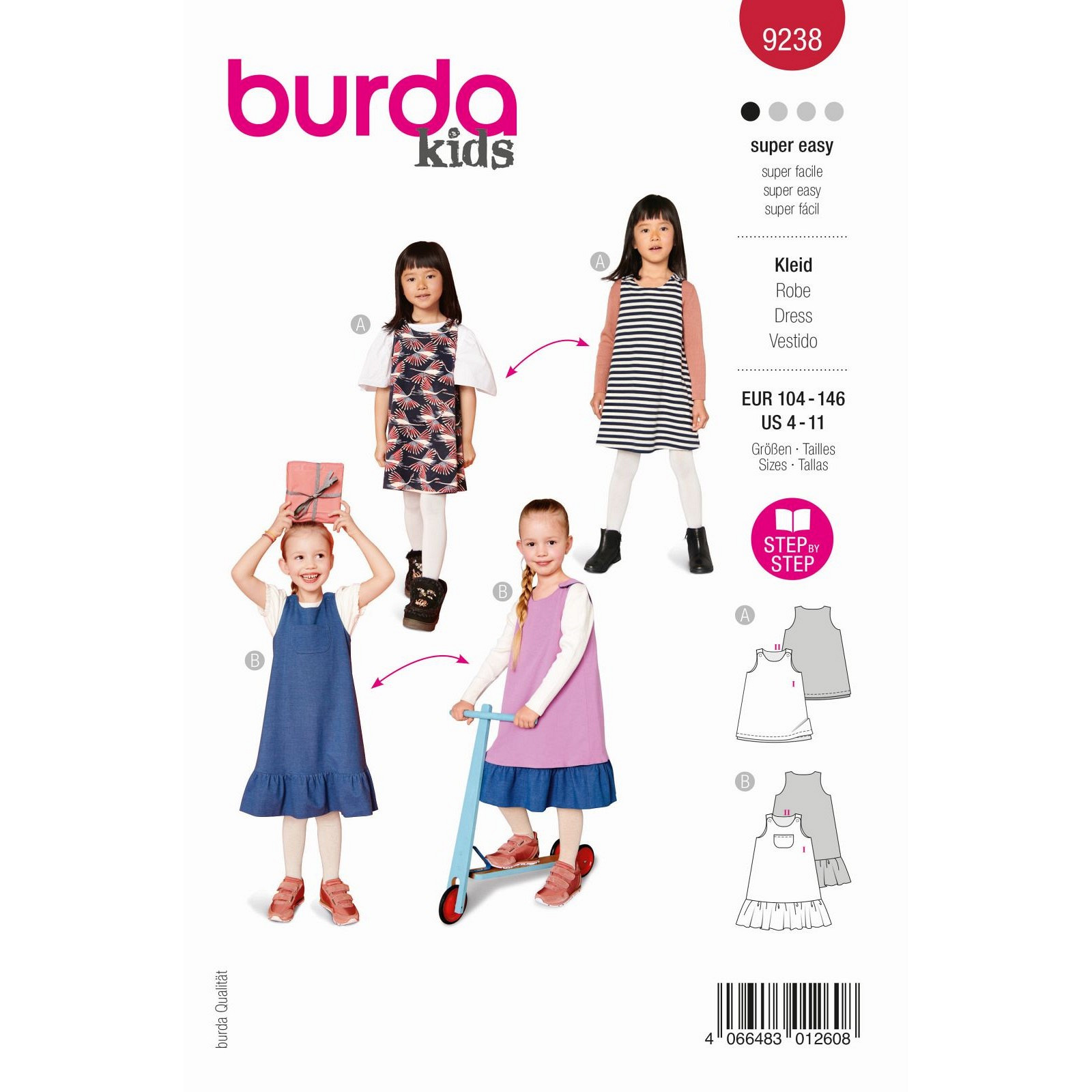 Burda naaipatroon 9238 rood - Jurk - maat 104-146 - STUK