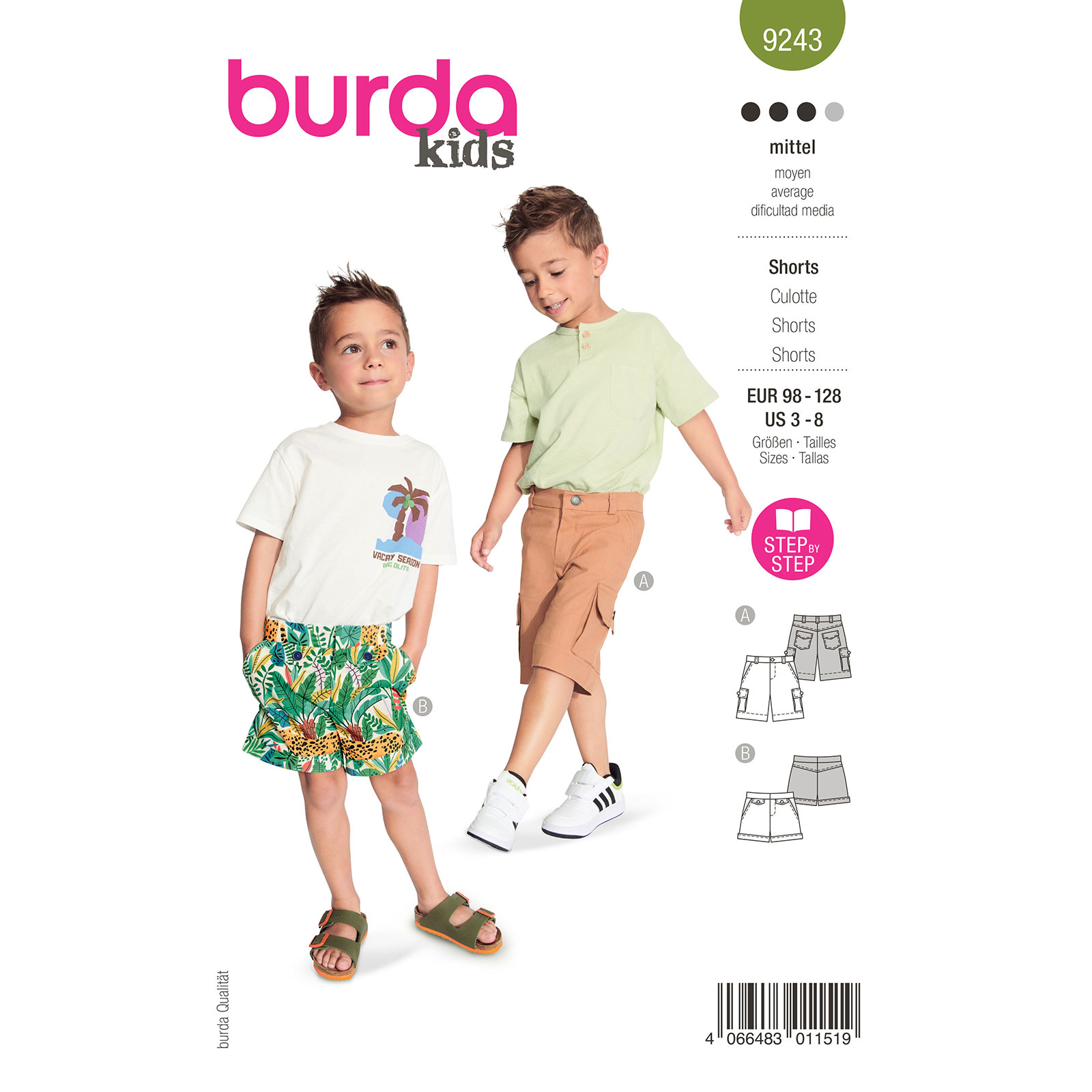 Burda naaipatroon 9243 groen - Shorts maat 98-128 - STUK