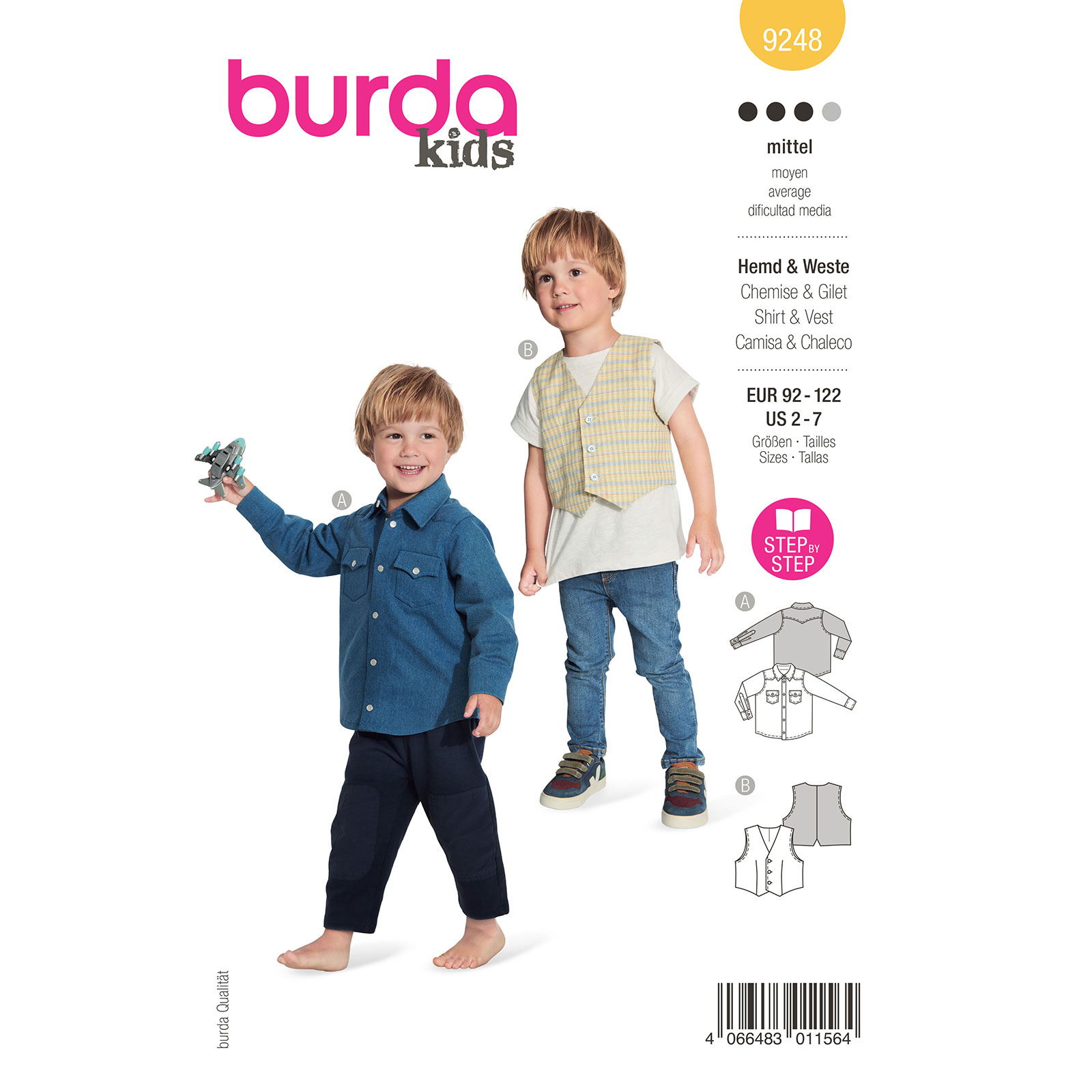 Burda naaipatroon 9248 geel - Overhemd & Gilet/Vest maat 92-122 - STUK
