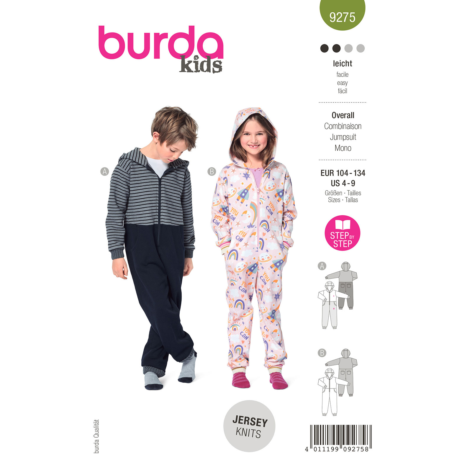 Burda patroon 9275 Jumpsuit/onesie met capuchon. Maat 104-134 - STUK