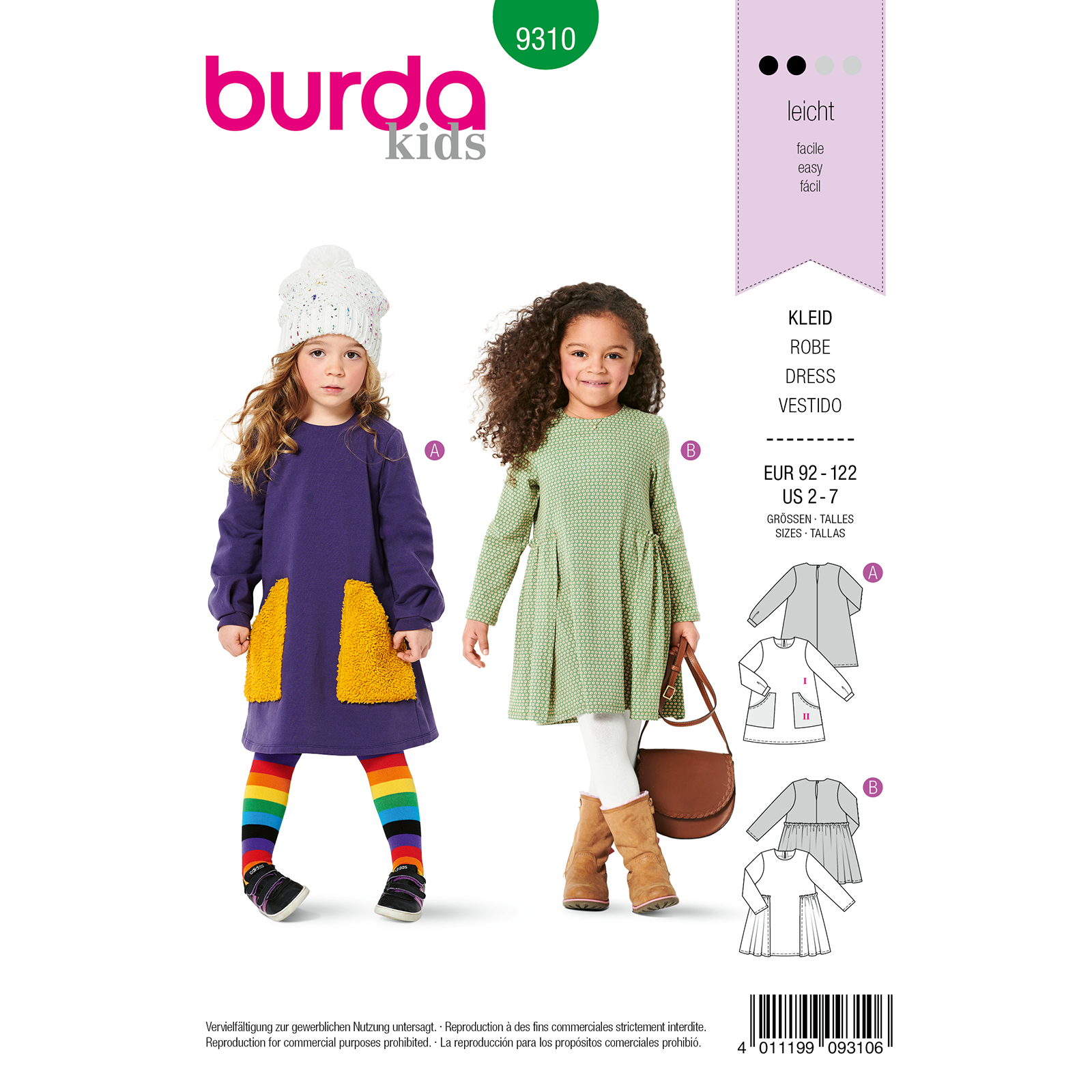 Burda patroon 9310 jurk. Maat: 92-122 - STUK