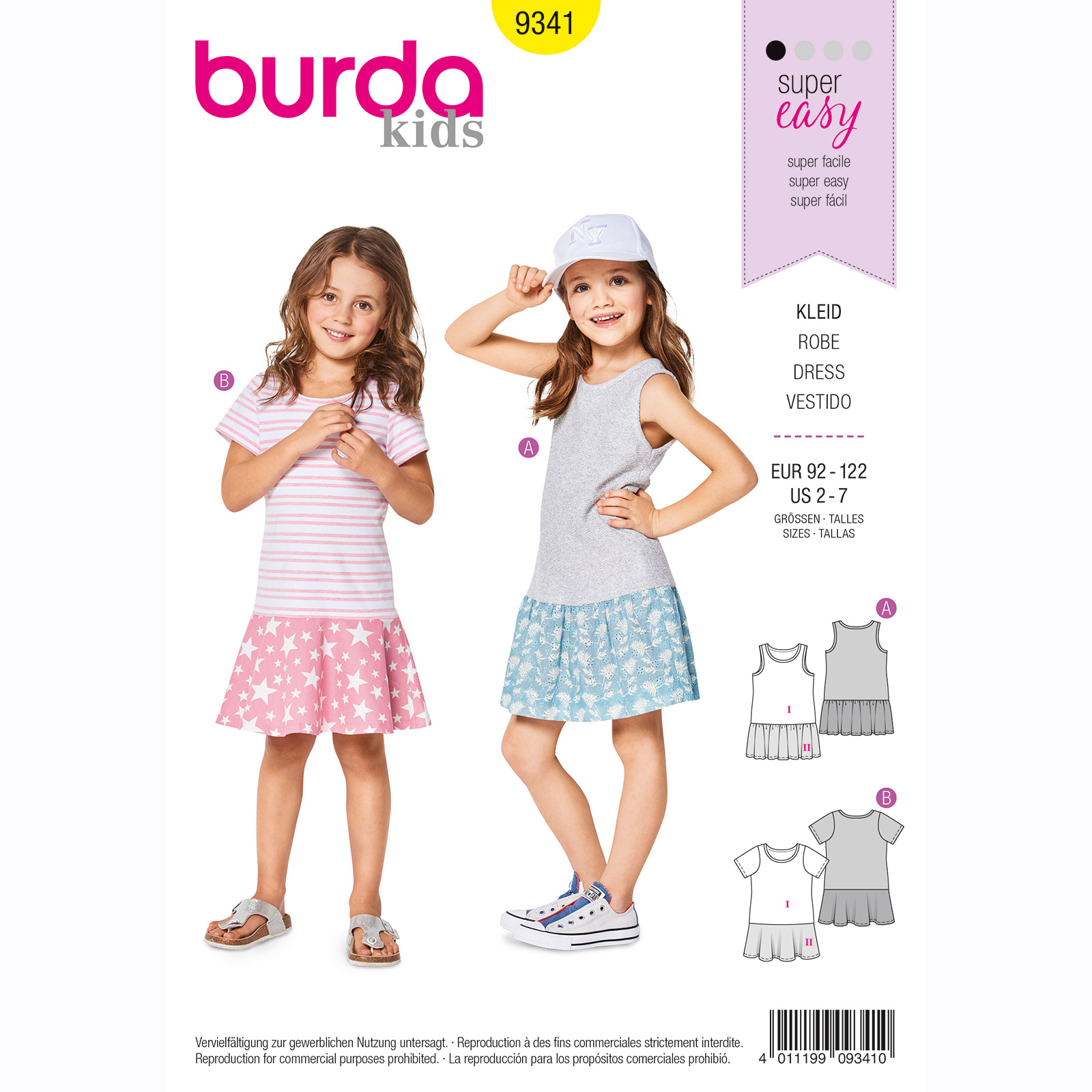 Burda patroon 9341 jurk. Maat: 92-122 - STUK